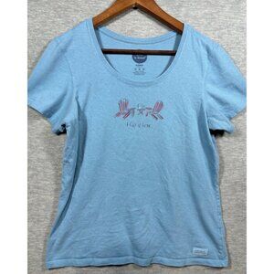 Life Is Good Womens M Blue T-Shirt "I Like It Here" Graphic Adirondack Chair